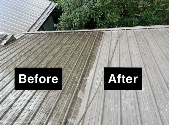 A before and after picture of a metal roof.