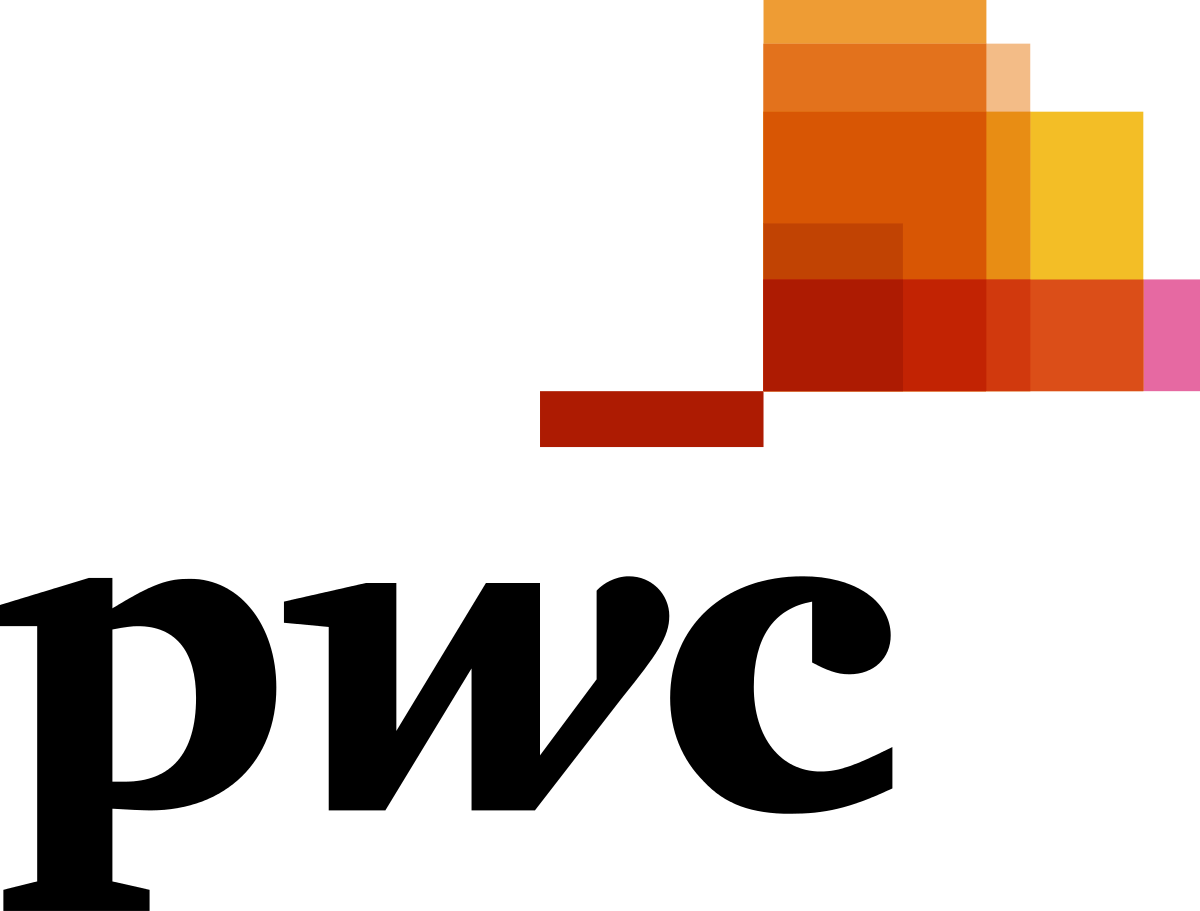 The pwc logo is a black and orange logo with a checkered background.