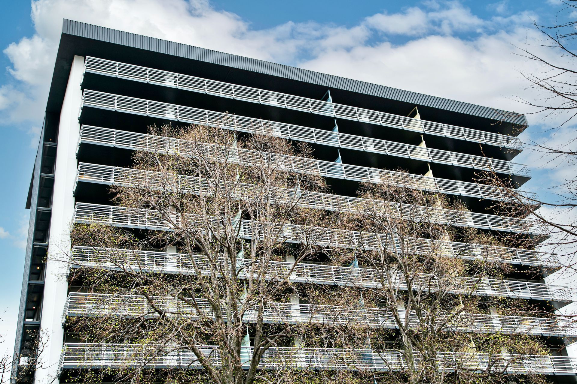 Modern office building with horizontal black-and-white bands and leafless trees in front under a blue sky