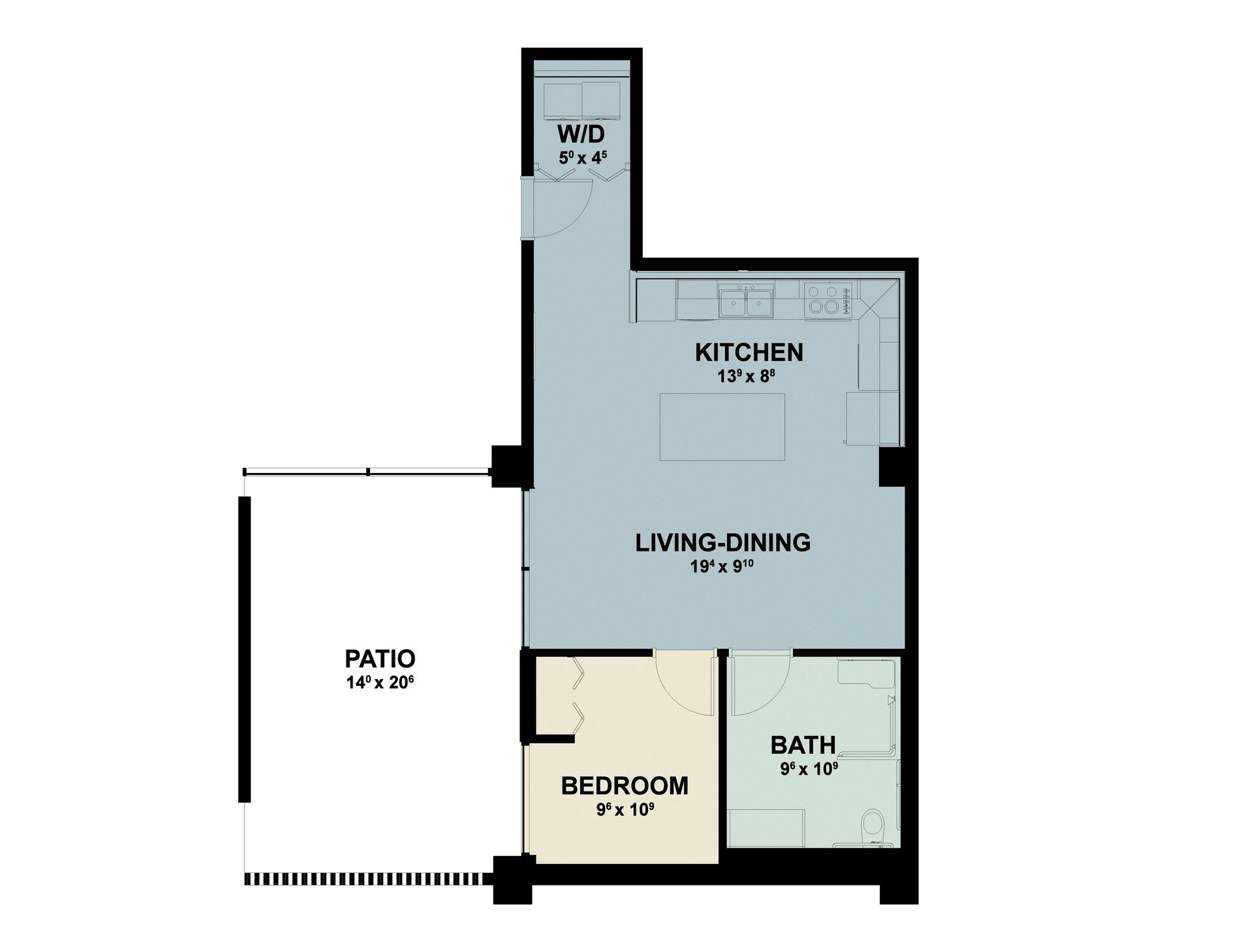 Floor plan of a small apartment with patio, kitchen, living/dining area, bedroom, bathroom, and two closets.