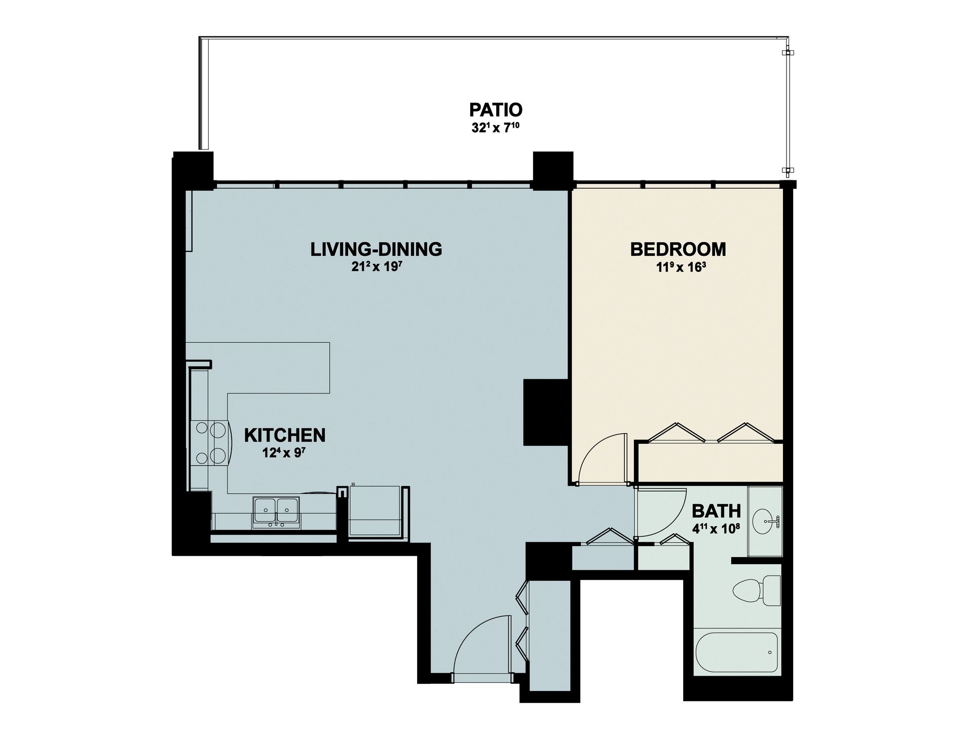 Black-and-white apartment floor plan with living/dining, kitchen, bedroom, bath, and patio labeled