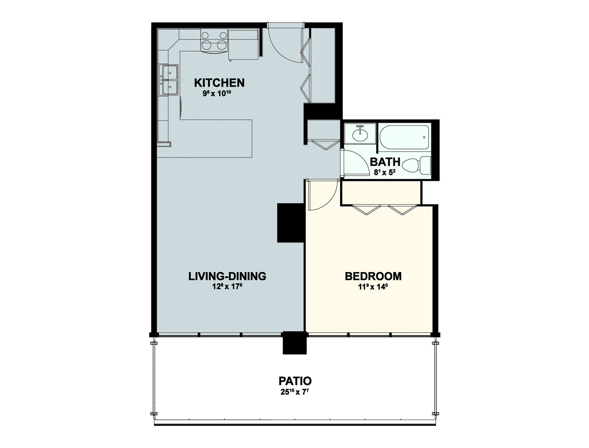 Apartment floor plan with kitchen, living room, bedroom, bath, and patio labeled.