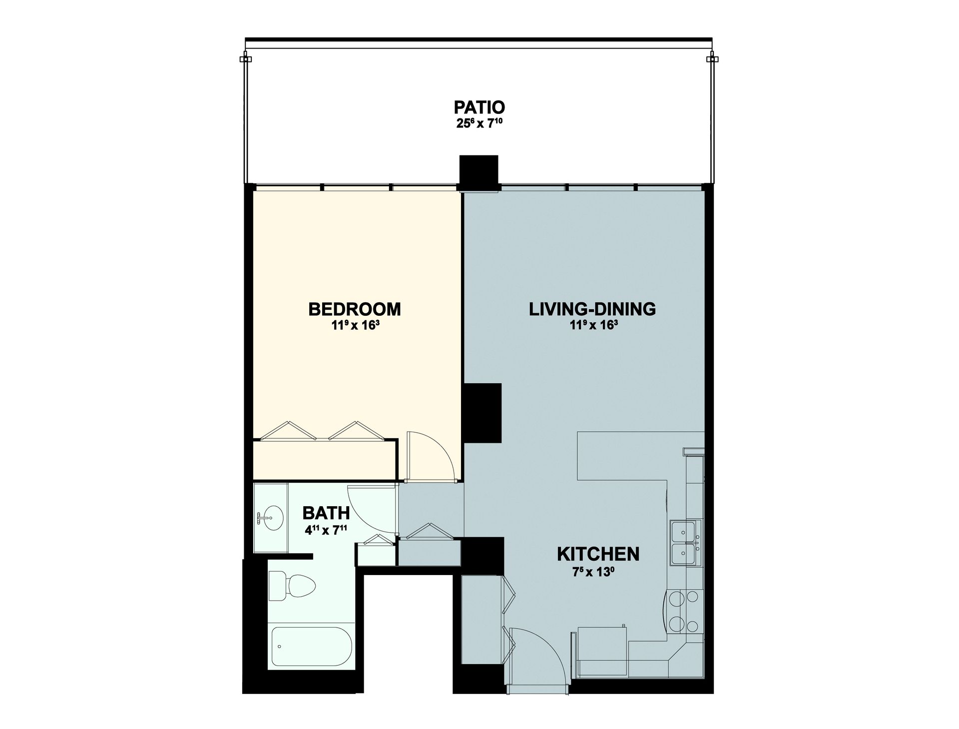 Apartment floor plan with bedroom, bath, living-dining, kitchen, and patio areas.