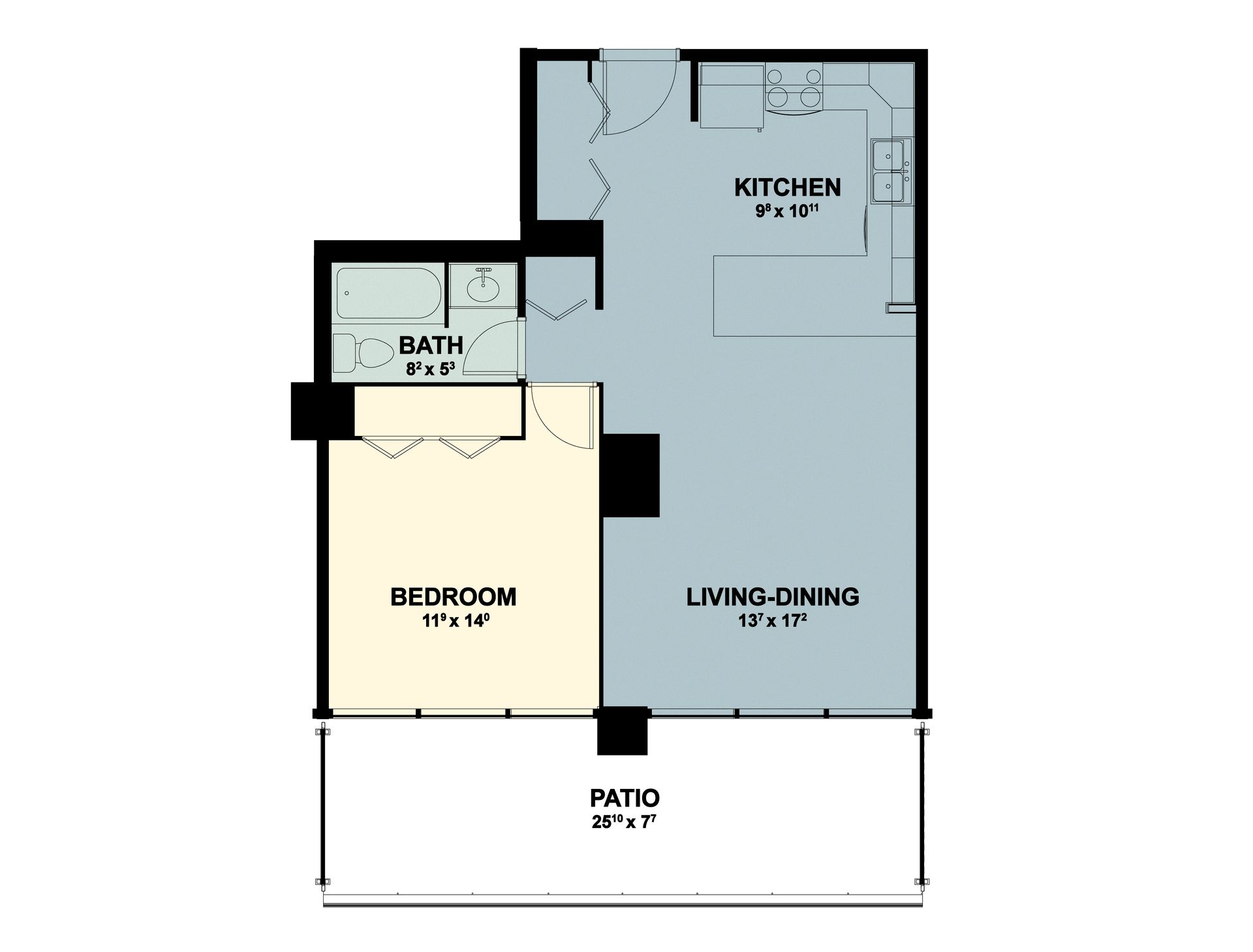 Floor plan of a small apartment with kitchen, living/dining room, bath, random room, and patio.