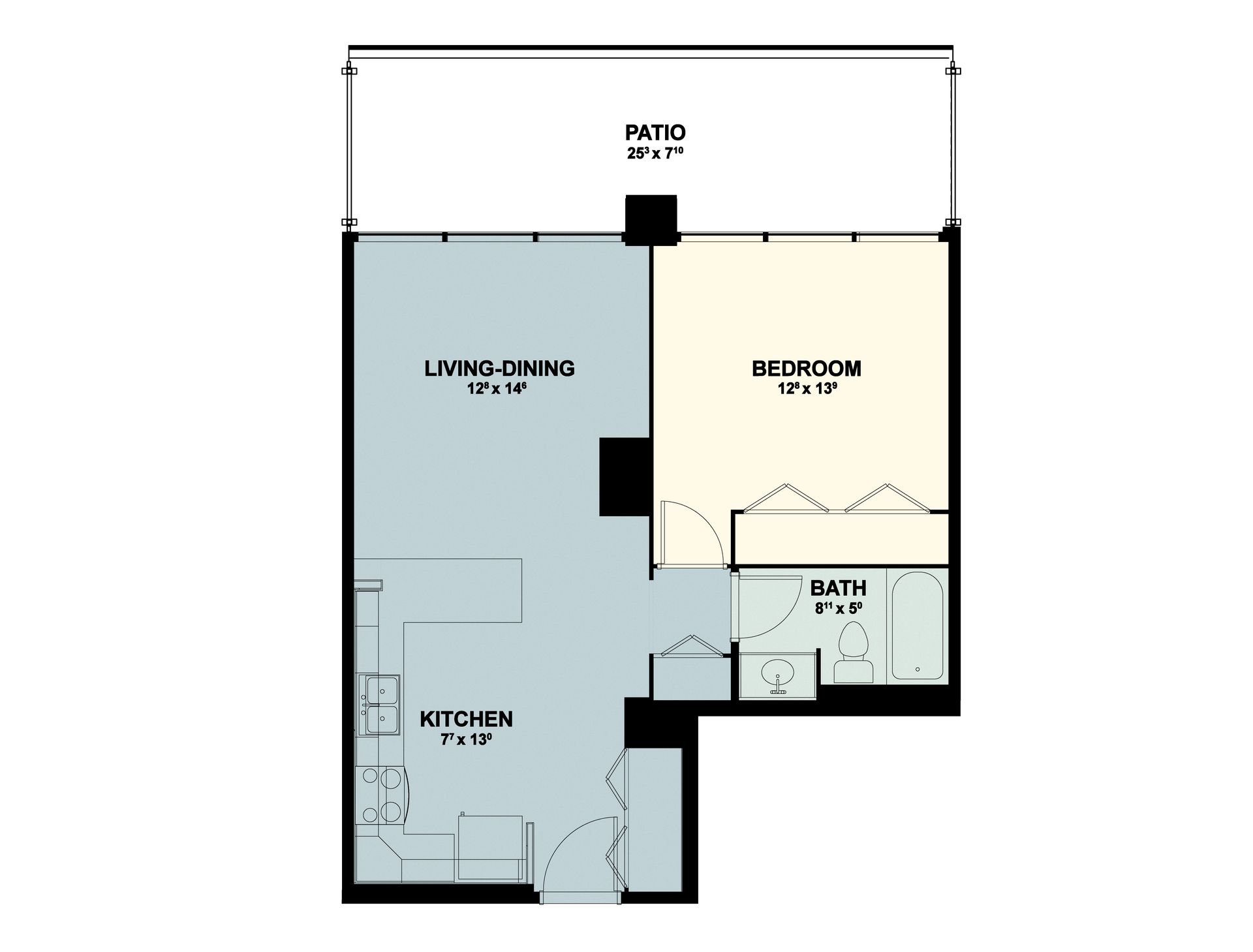 Floor plan of a one-bedroom apartment with kitchen, living-dining area, bath, and patio.