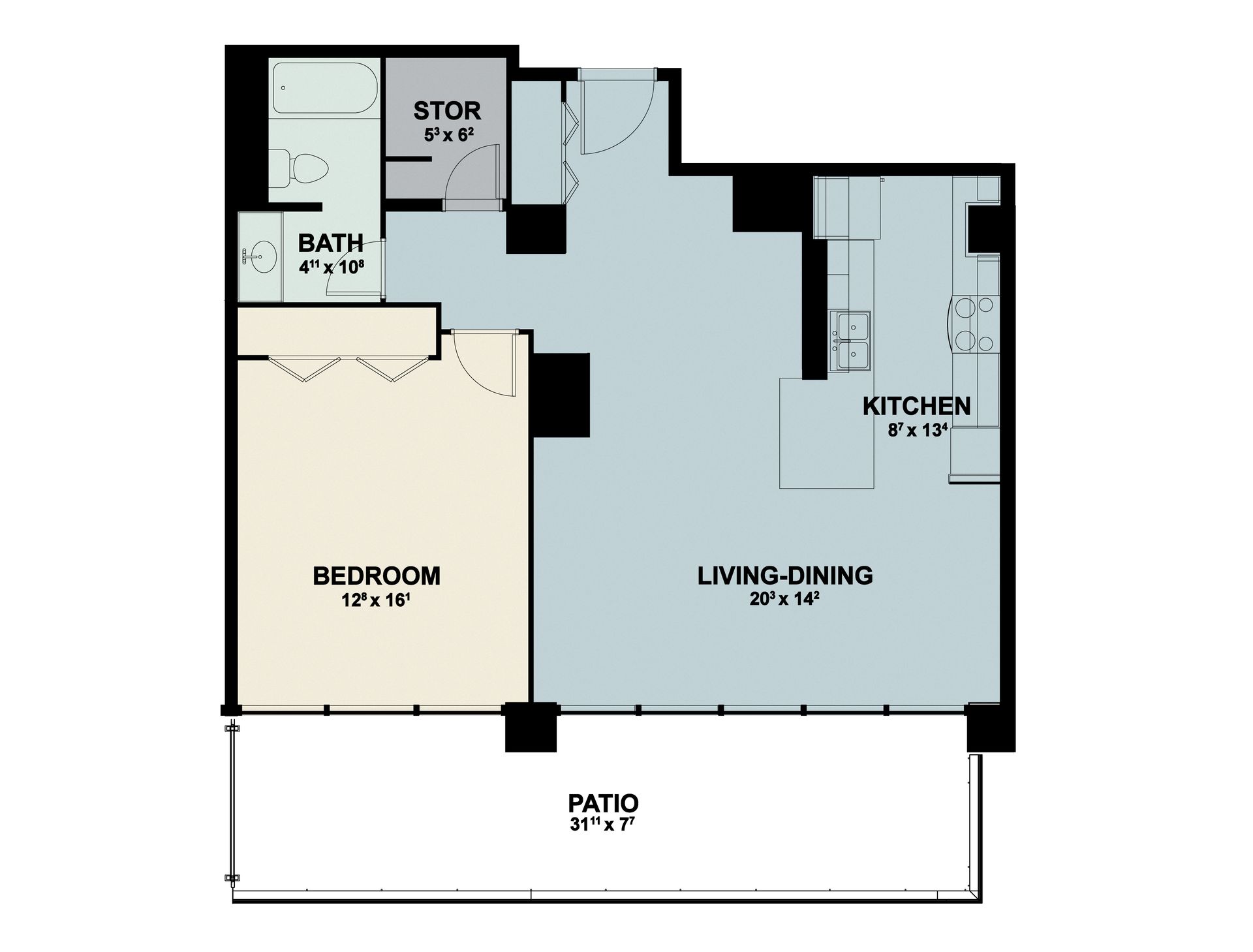 Floor plan of a small apartment with bedroom, bath, kitchen, living/dining area, and patio.