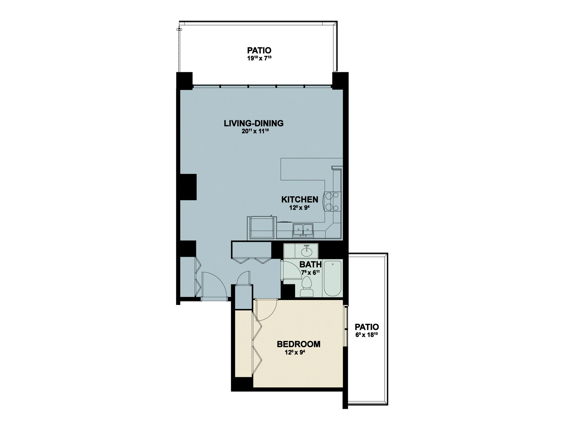 Small apartment floor plan with living/dining area, bedroom, kitchen, bath, and outdoor patios in light blue and beige.