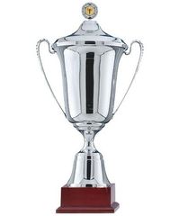 Zilveren trofee op een houten voet met twee handvatten