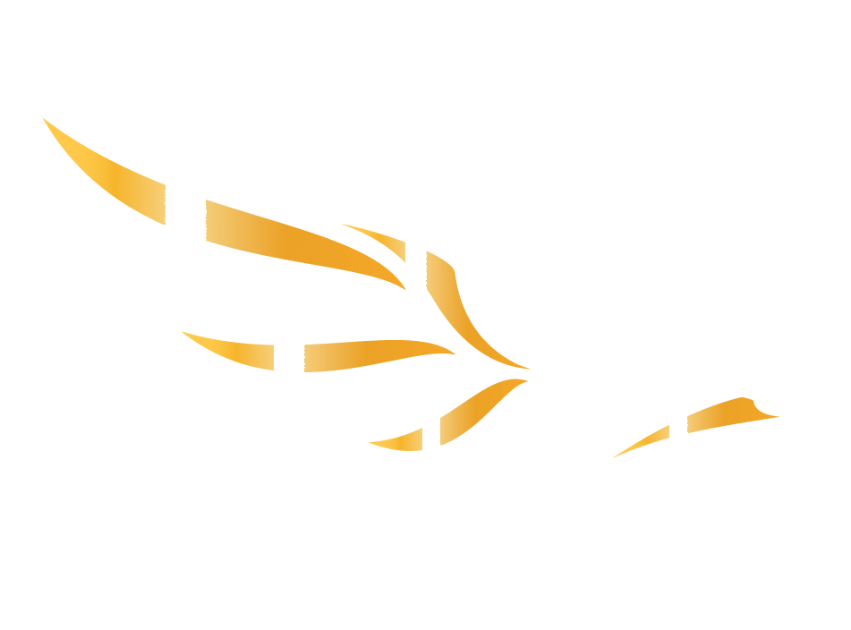 Abstracte oranje en gouden lintachtige strepen op een witte achtergrond.