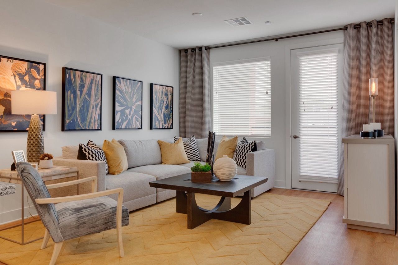 Bright apartment living room with gray sofa, armchair, coffee table, artwork, blinds, and a yellow rug.