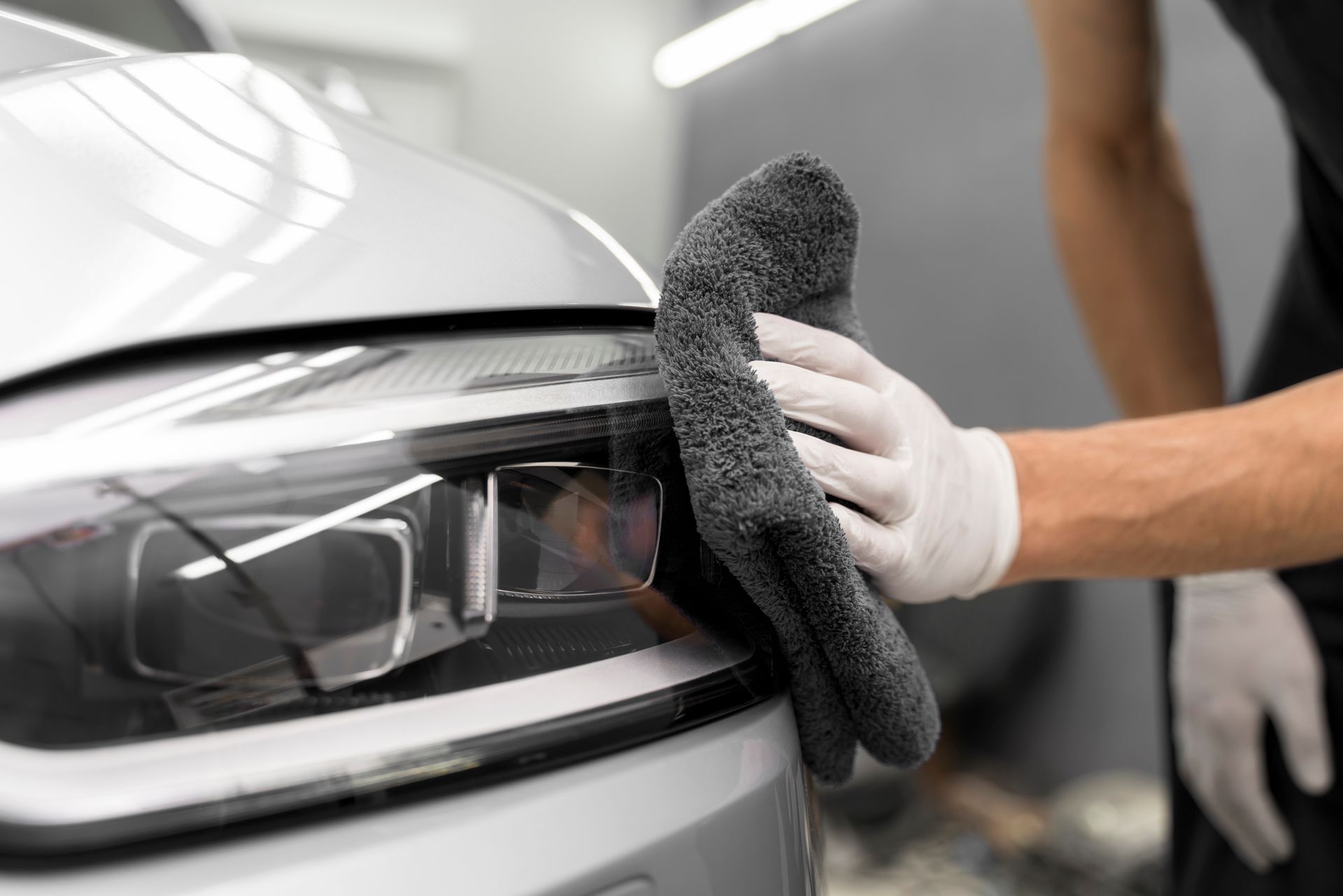 Person wearing gloves wiping a car's headlight with a dark microfiber cloth, in a well-lit garage.
