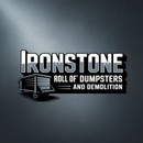 Logo for Ironstone: text and a dumpster graphic; grey and black; service is 