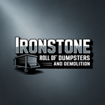 Logo for Ironstone, with a dumpster graphic, offering roll-off dumpsters and demolition services. Gray and white text.