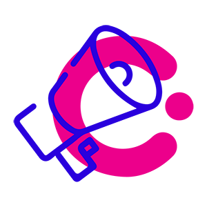 Un ícono azul y rosa de un megáfono con aire acondicionado de fondo.