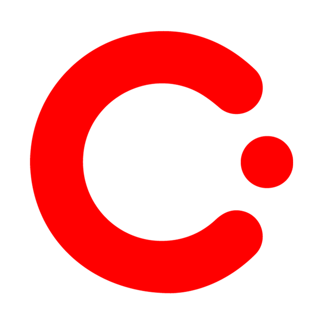 Una letra c roja con un círculo blanco en el medio sobre un fondo blanco.