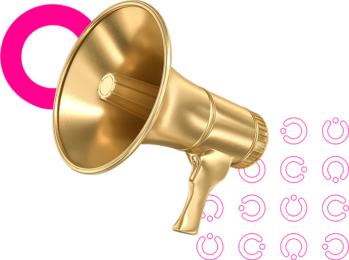 Un megáfono dorado está rodeado de círculos rosas sobre un fondo blanco.