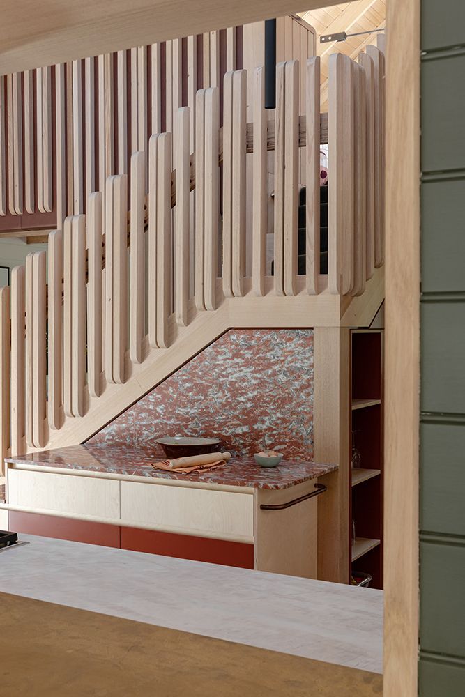 Timber Staircase with Vertical Slats and Benchtop with Red Tiles — Bspoke Cabinet Making & Joinery in Unanderra, NSW