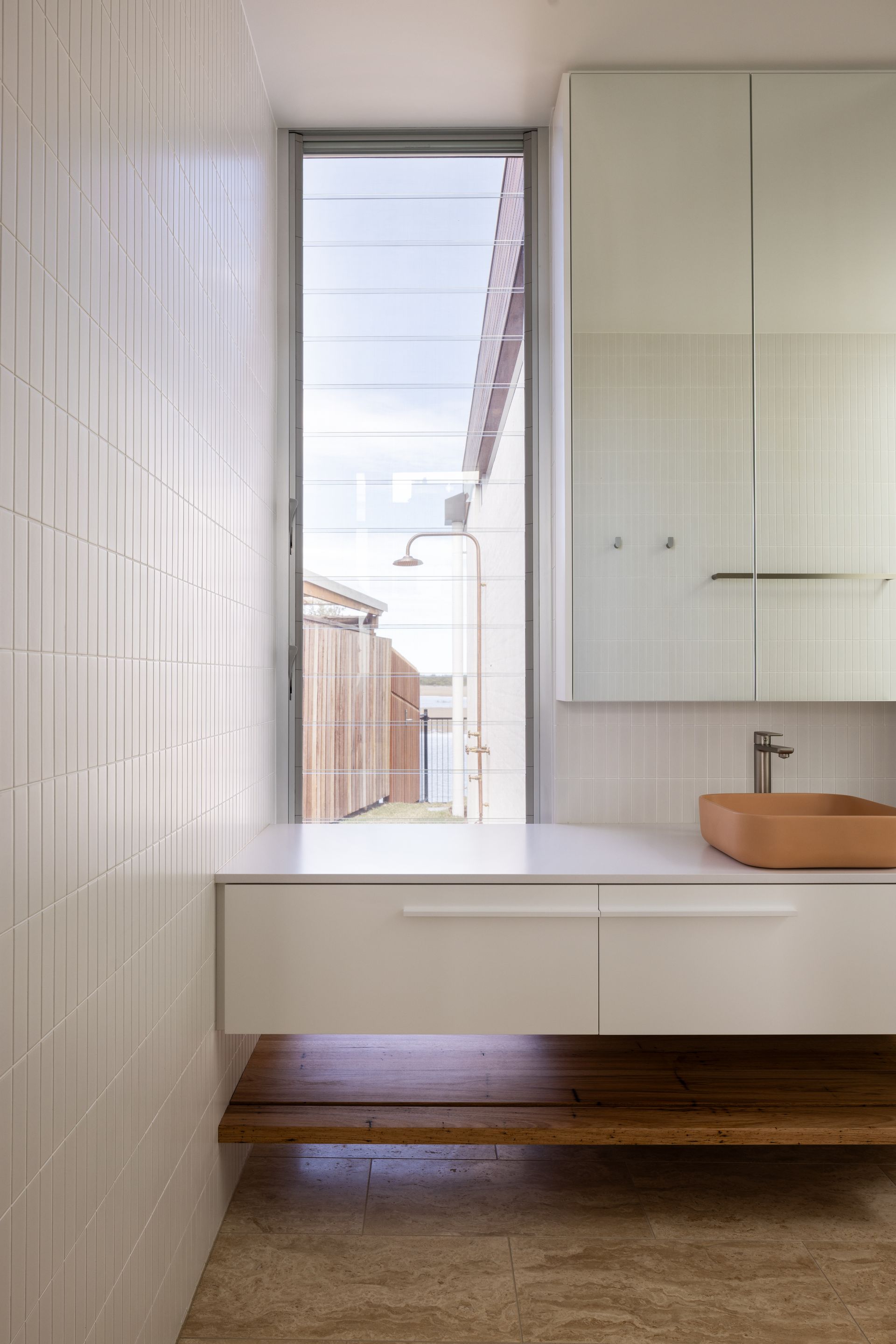 White Bathroom With A Orange Sink— BSpoke Cabinet Making & Joinery in Unanderra, NSW