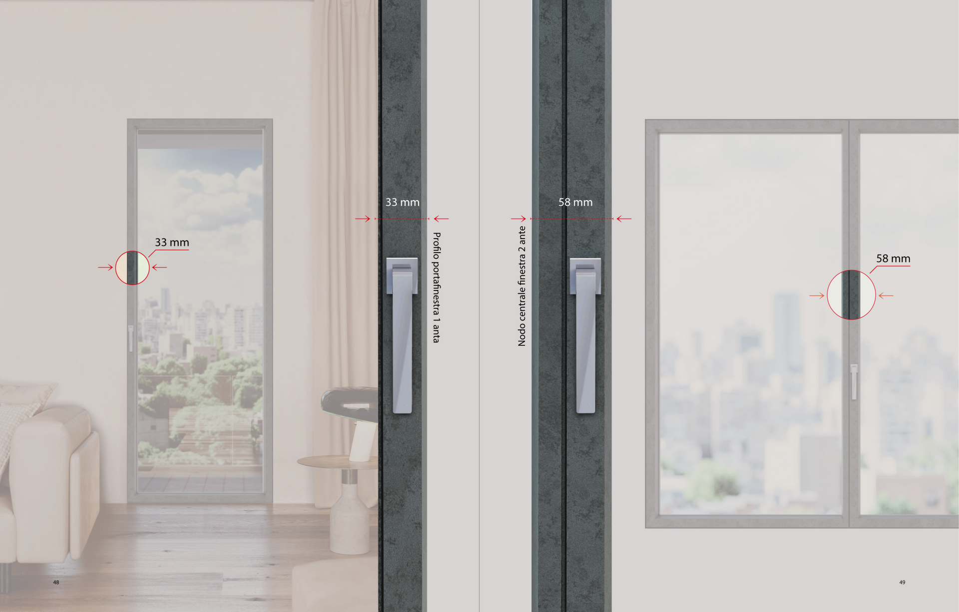 Due porte grigie con maniglie; una porta con finestra e una finestra.