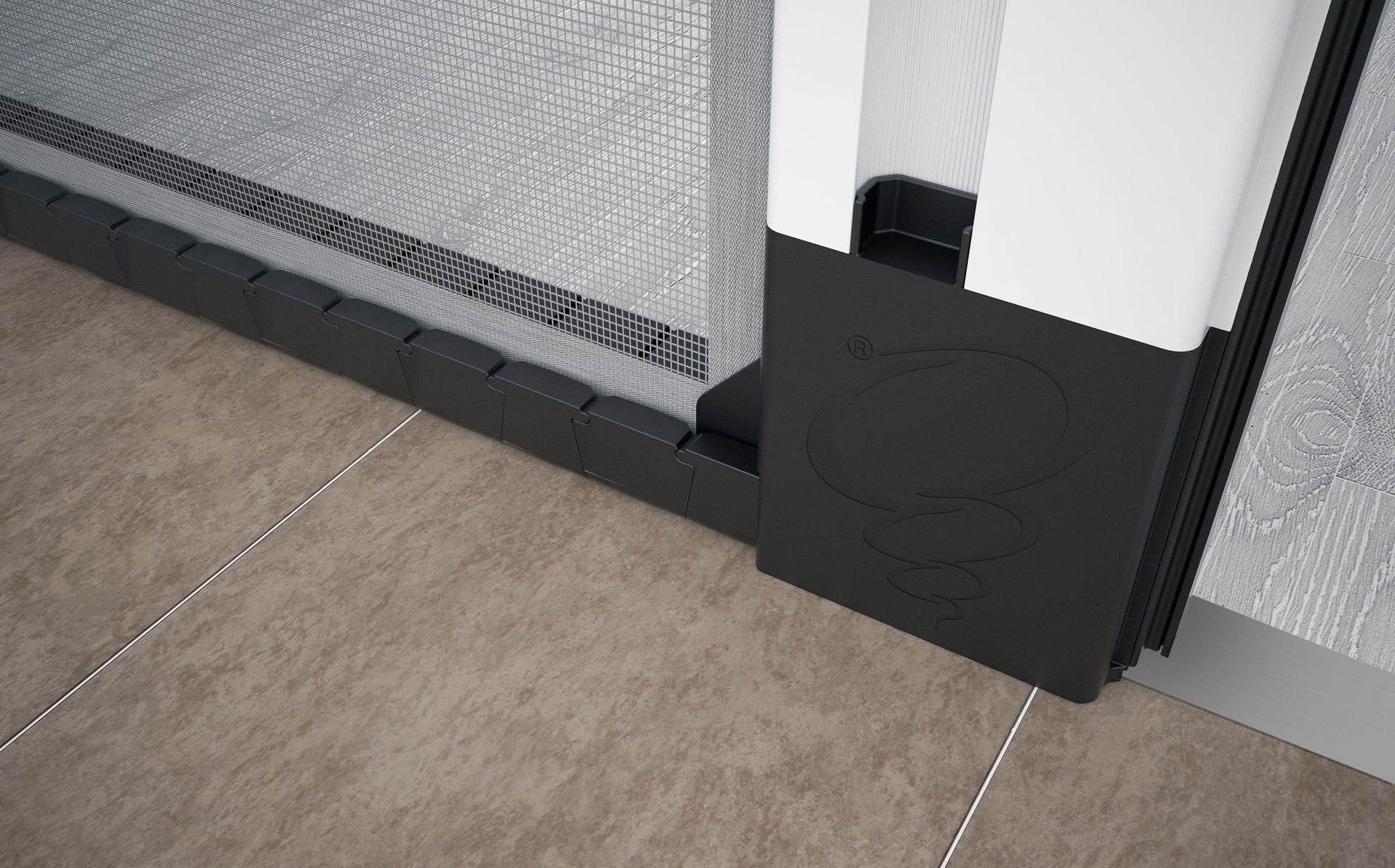 Primo piano di una porta scorrevole in vetro con una zanzariera.