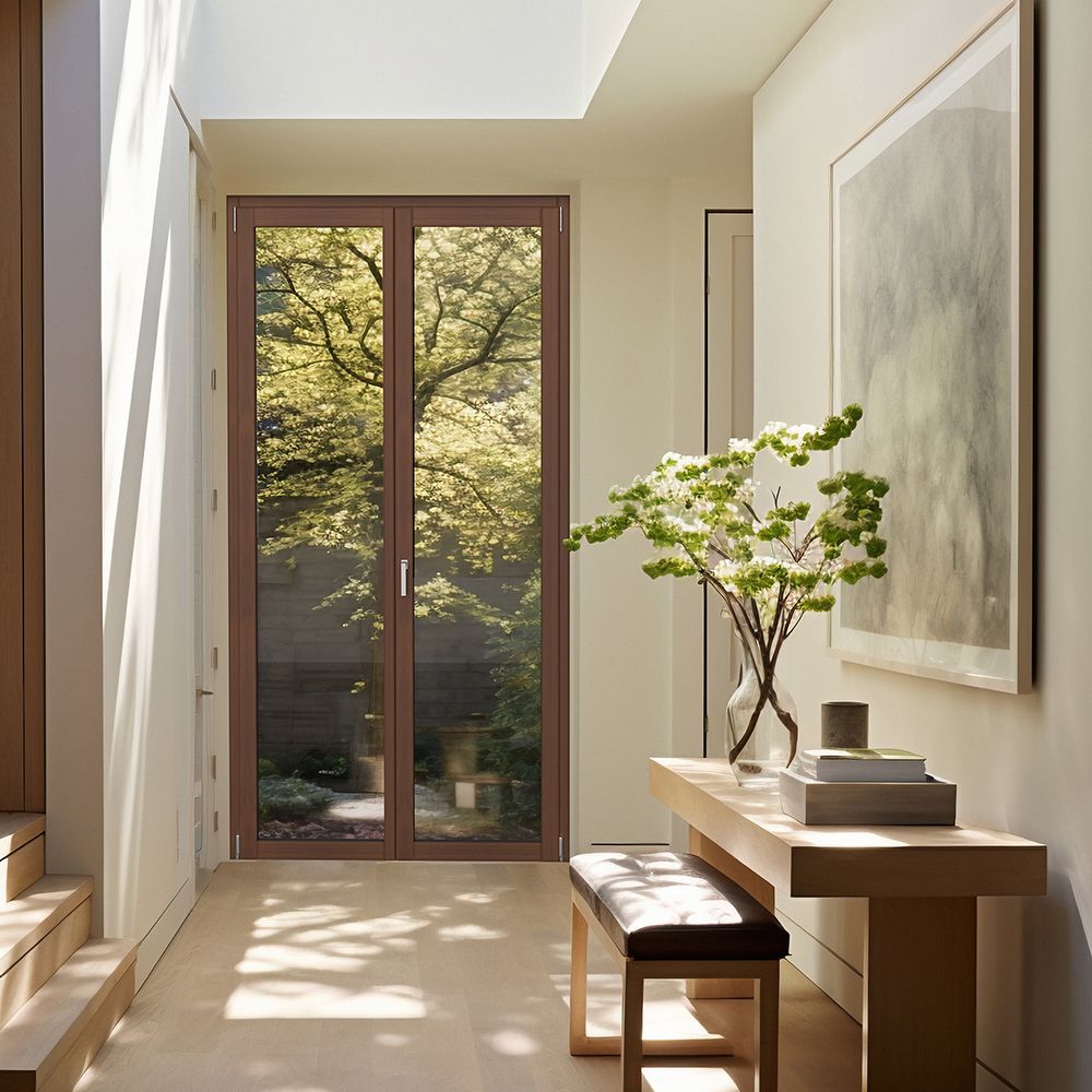 Corridoio con porte in vetro con cornice marrone che conducono a un giardino soleggiato, tavolo decorato e una panca.