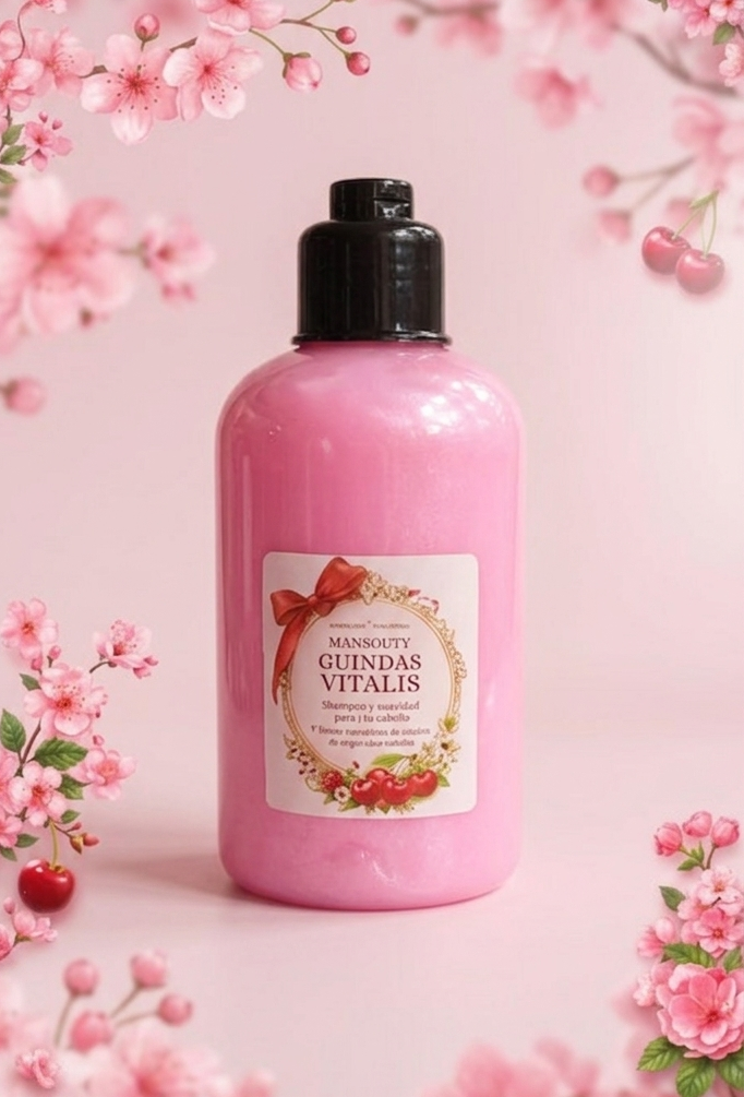 Un frasco rosa de loción Guindas Vitalis centrado sobre un fondo rosa suave decorado con flores de cerezo.