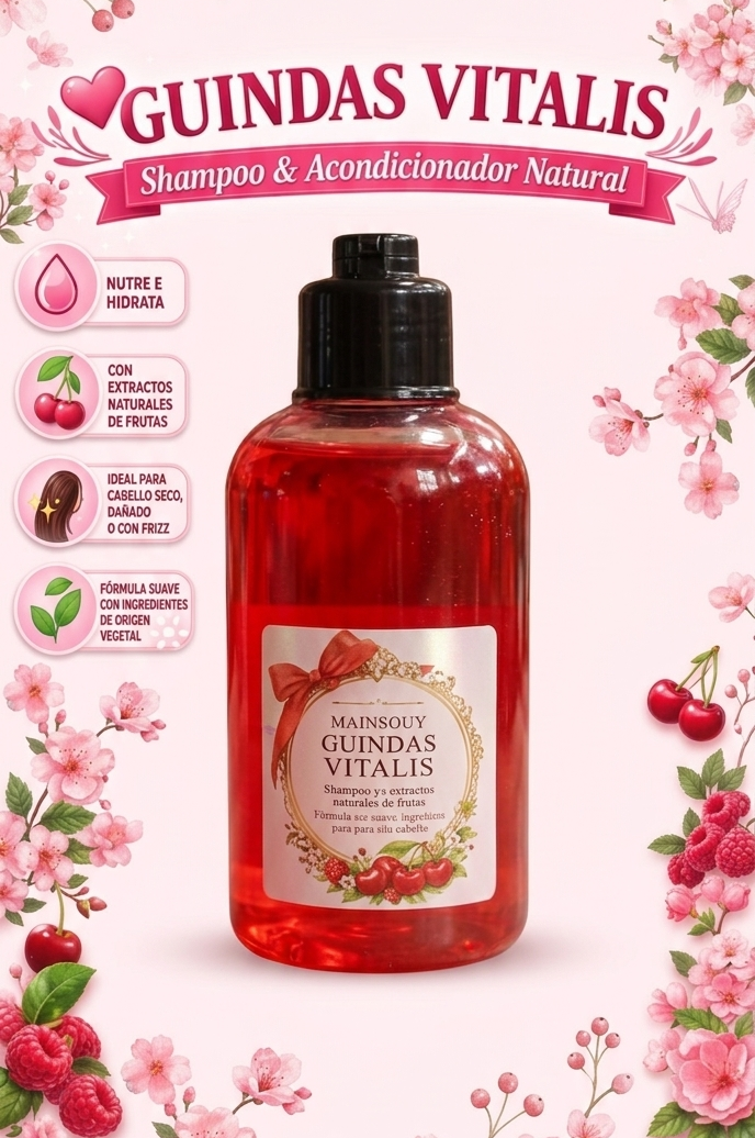 Una botella de champú y acondicionador natural Guindas Vitalis sobre un fondo rosa con estampado floral.