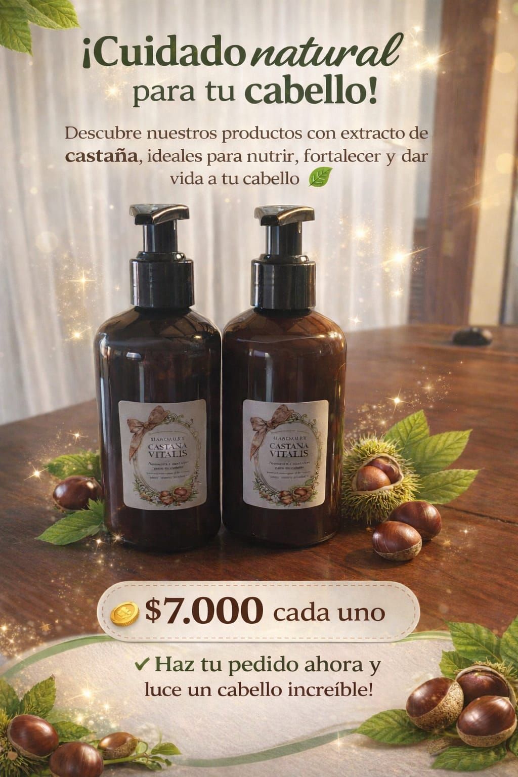 Dos frascos marrones con dosificador de productos capilares de castaño se exhiben sobre una superficie de madera con castañas y hojas. Precio: 7.000 dólares.