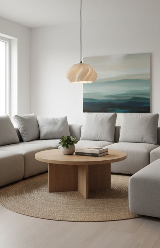 Sala de estar con un sofá seccional gris claro, una mesa de centro redonda de madera y una pintura abstracta azul.