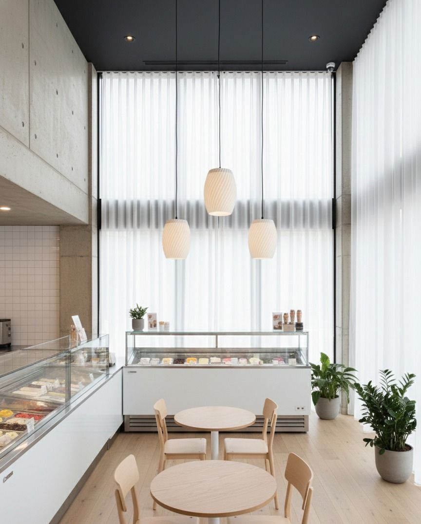 Interior de cafetería: vitrina blanca, mesas redondas, lámparas colgantes