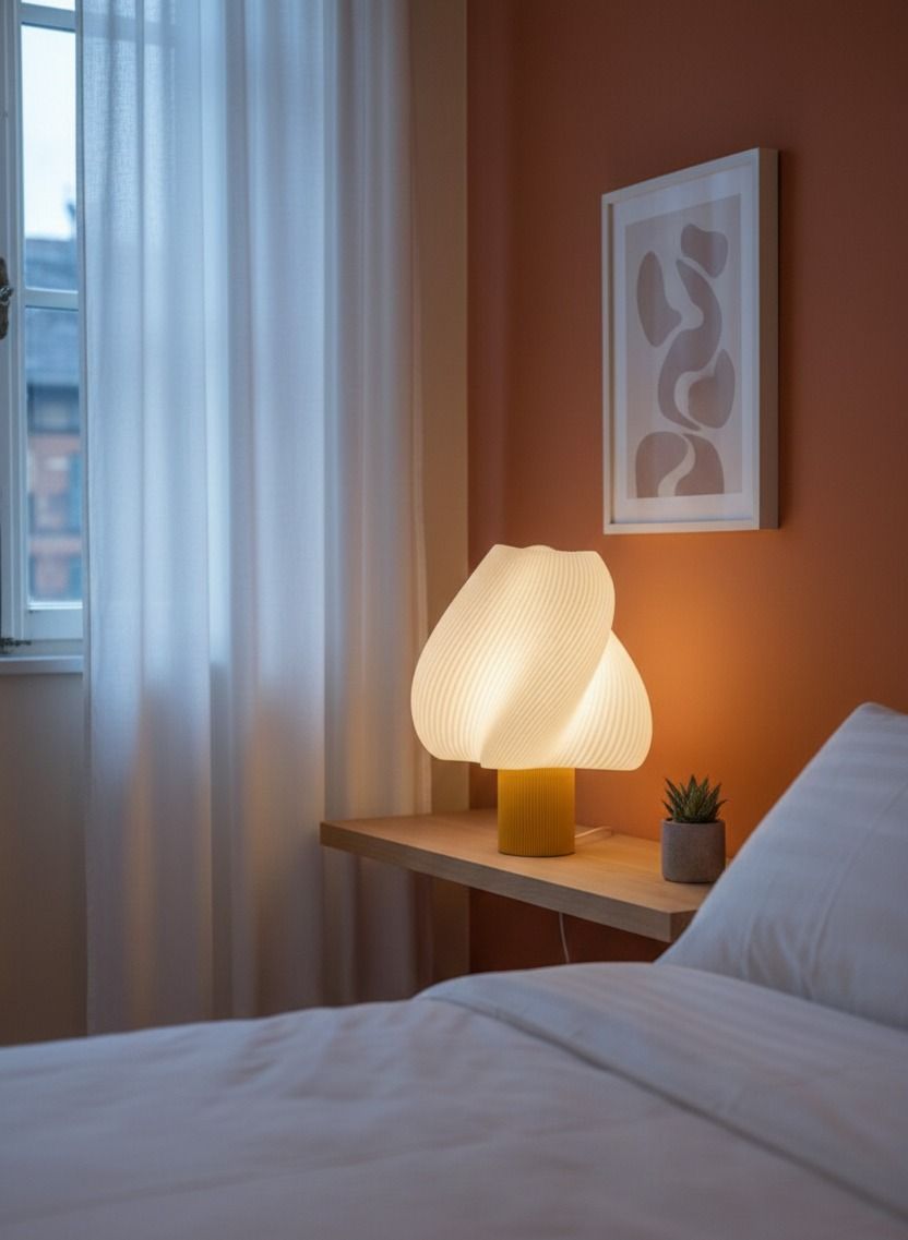 Escena de dormitorio con una lámpara plisada iluminada sobre un estante de madera junto a una cama.