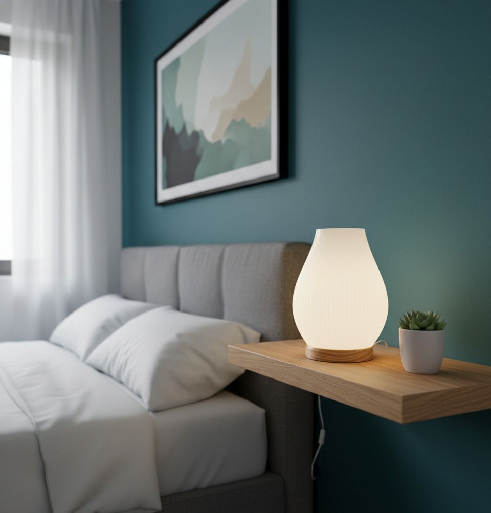 Dormitorio con cama, estante flotante con lámpara y planta, pared verde azulado, obra de arte.