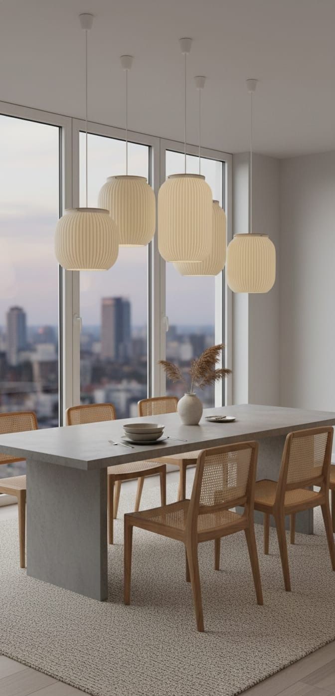 Comedor con grandes ventanales, muebles de madera clara, sillas tejidas y vista al paisaje urbano.