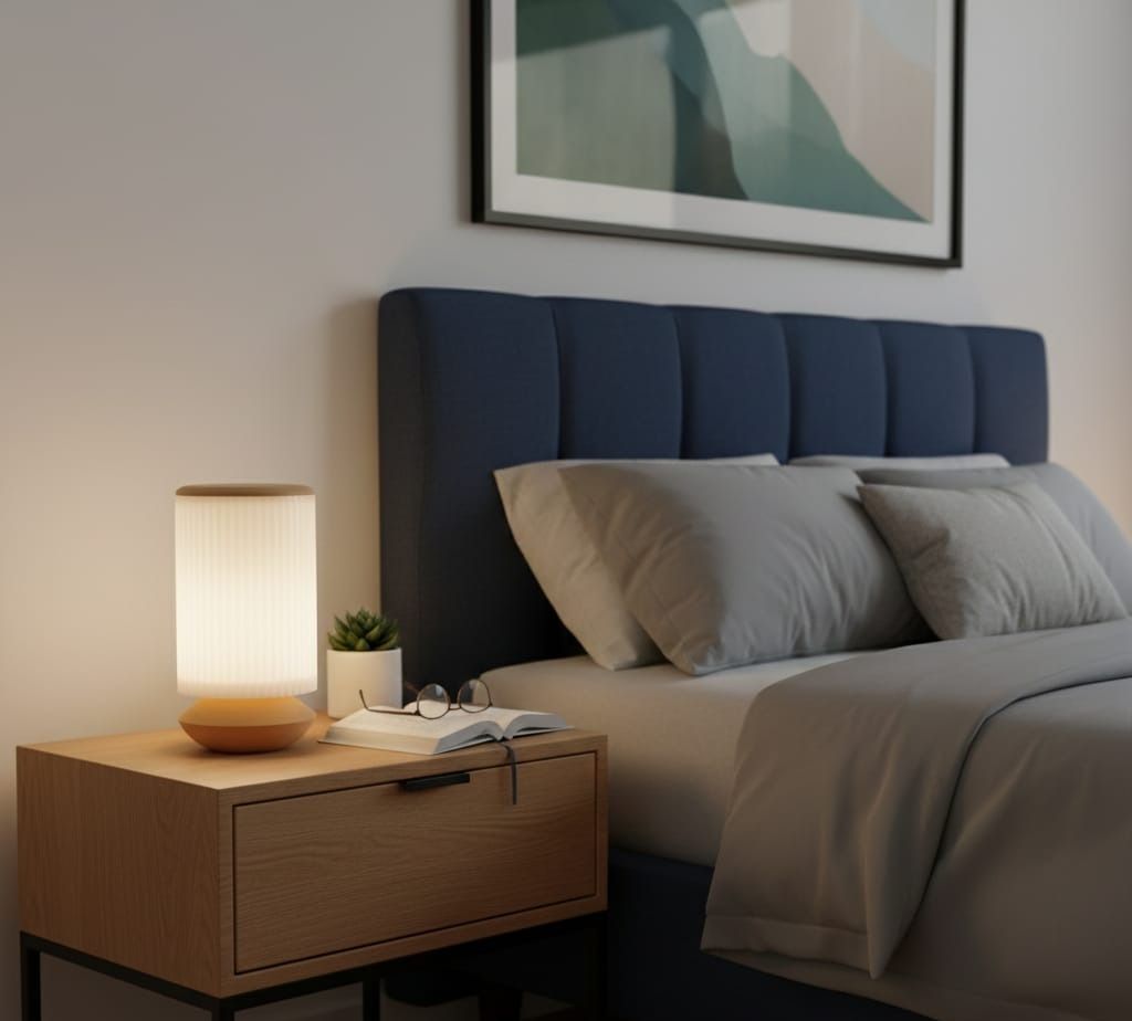 Mesita de noche con lámpara, libro abierto y planta junto a una cama con cabecero azul y ropa de cama neutra.