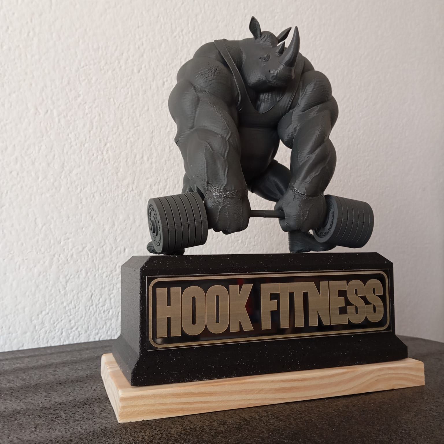 Una estatua de un rinoceronte levantando una barra, dice Hook Fitness.