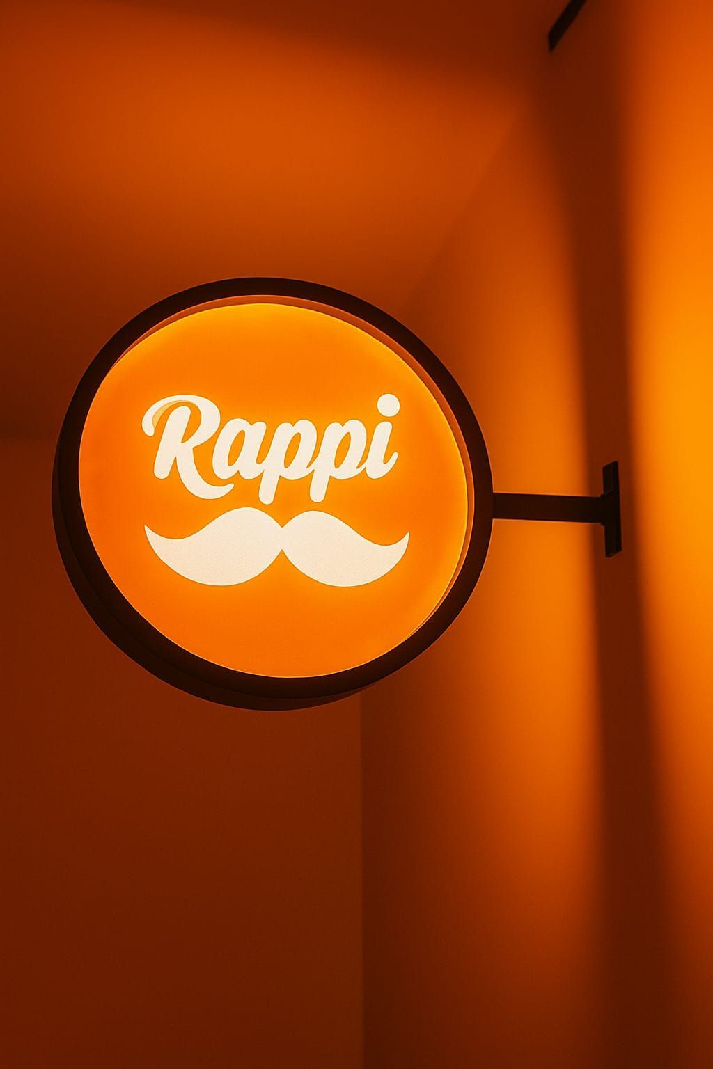 Un cartel de Rappi con bigote está colgado en una pared.