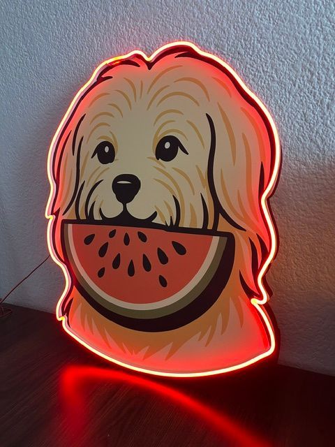 Letrero luminoso de un perro con una rodaja de sandía en la boca, contorno rojo brillante.