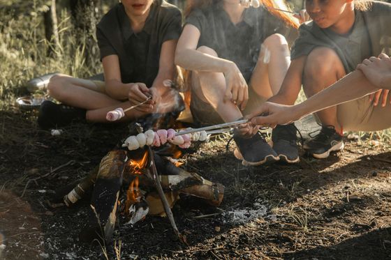 People cooking food over a campfire outdoors, with hands reaching toward the flames.