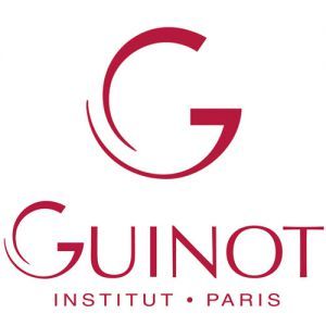 Logo de l'Institut Guinot Paris : symbole « G » rouge avec des lignes courbes ; en dessous, « GUINOT INSTITUT • PARIS ».