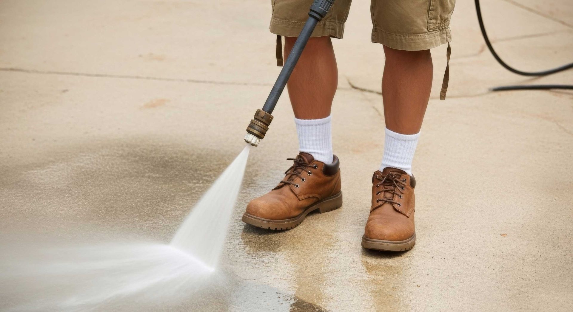 Close Up Of Pressure Cleaning Toowoomba Concrete Showing Grime Being Stripped Away.