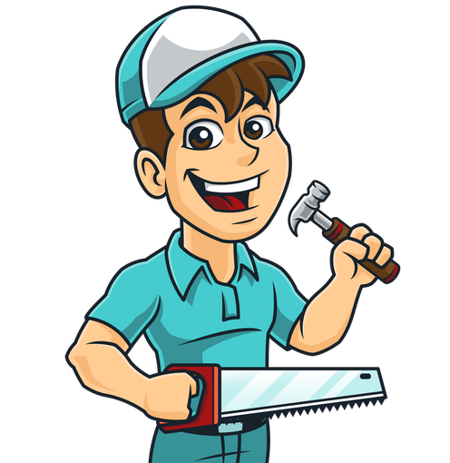 a cartoon of a man holding a saw and a hammer