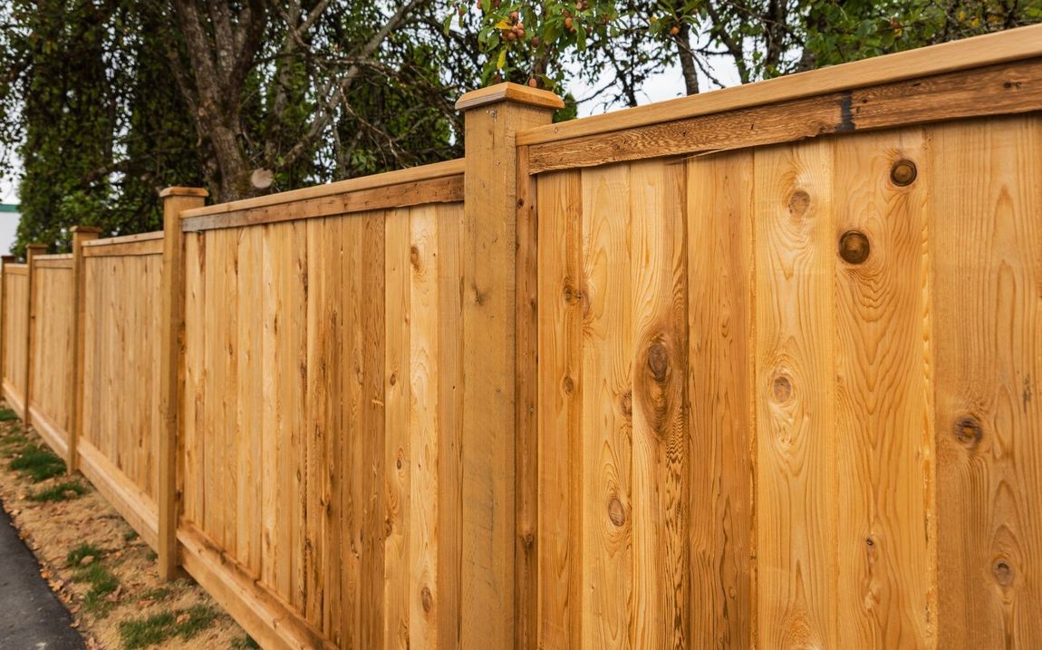 Wooden fence with vertical planks, cedar tone, set against a green tree background.