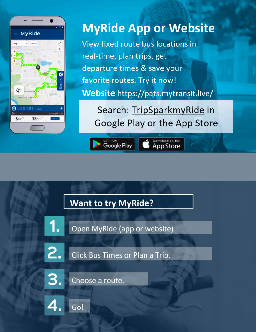 Advertisement for MyRide app showing bus locations, trip planning, and features; Google Play & App Store download.