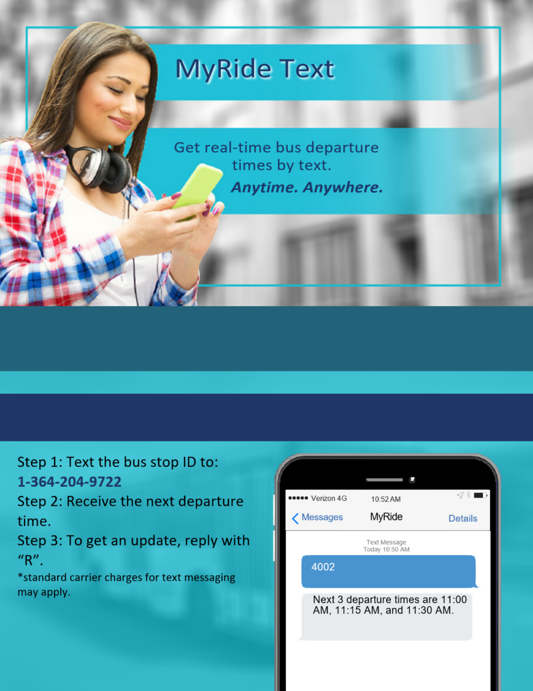 Woman texting on phone. Text: