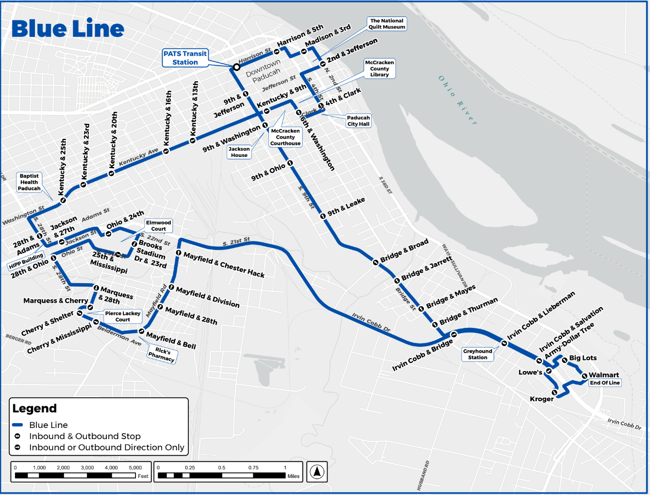 Blue Line bus route map with stops, shown in blue on a white background.