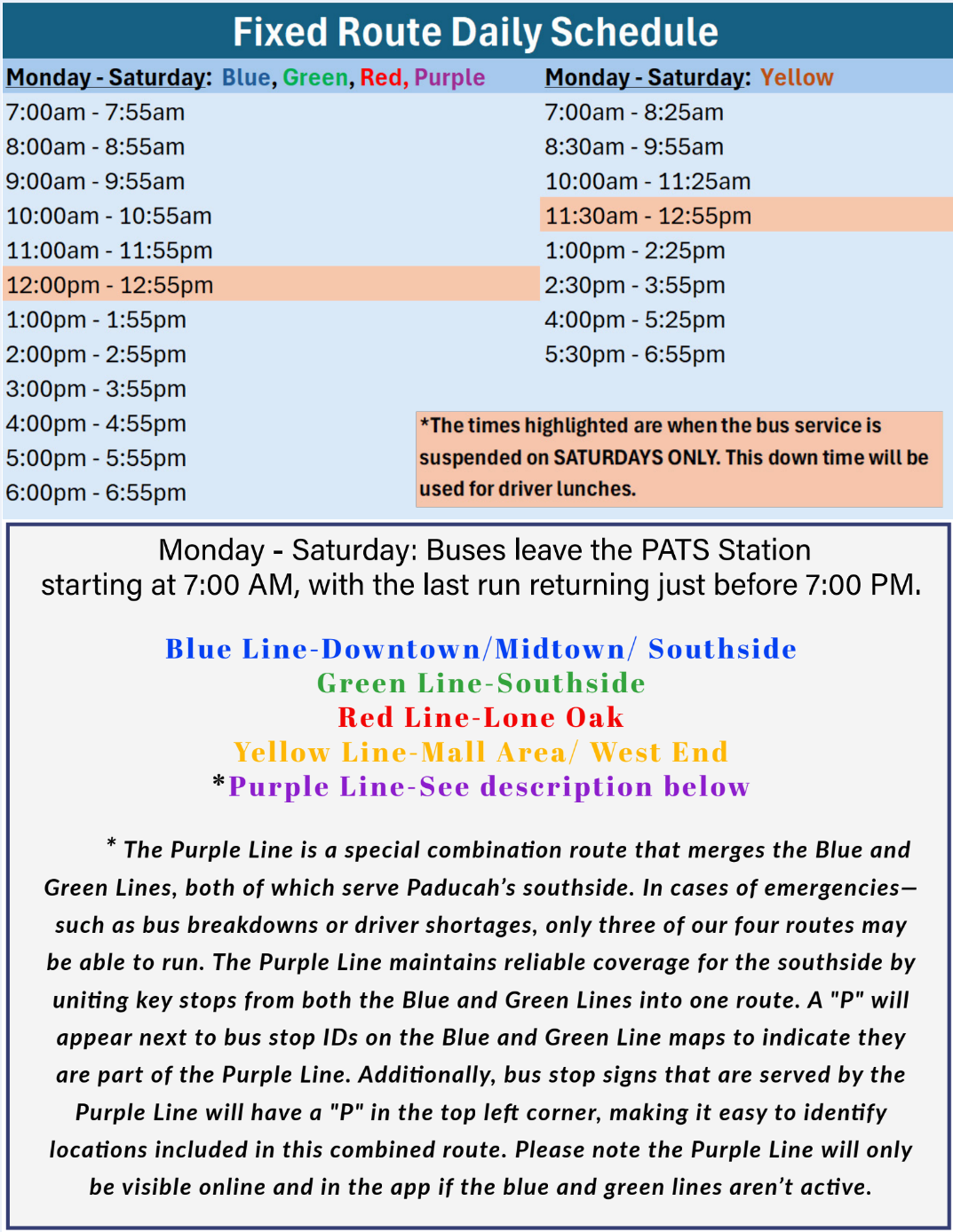 Fixed Route Daily Schedule with bus routes and times, including Blue, Green, Red, Purple, and Yellow lines.