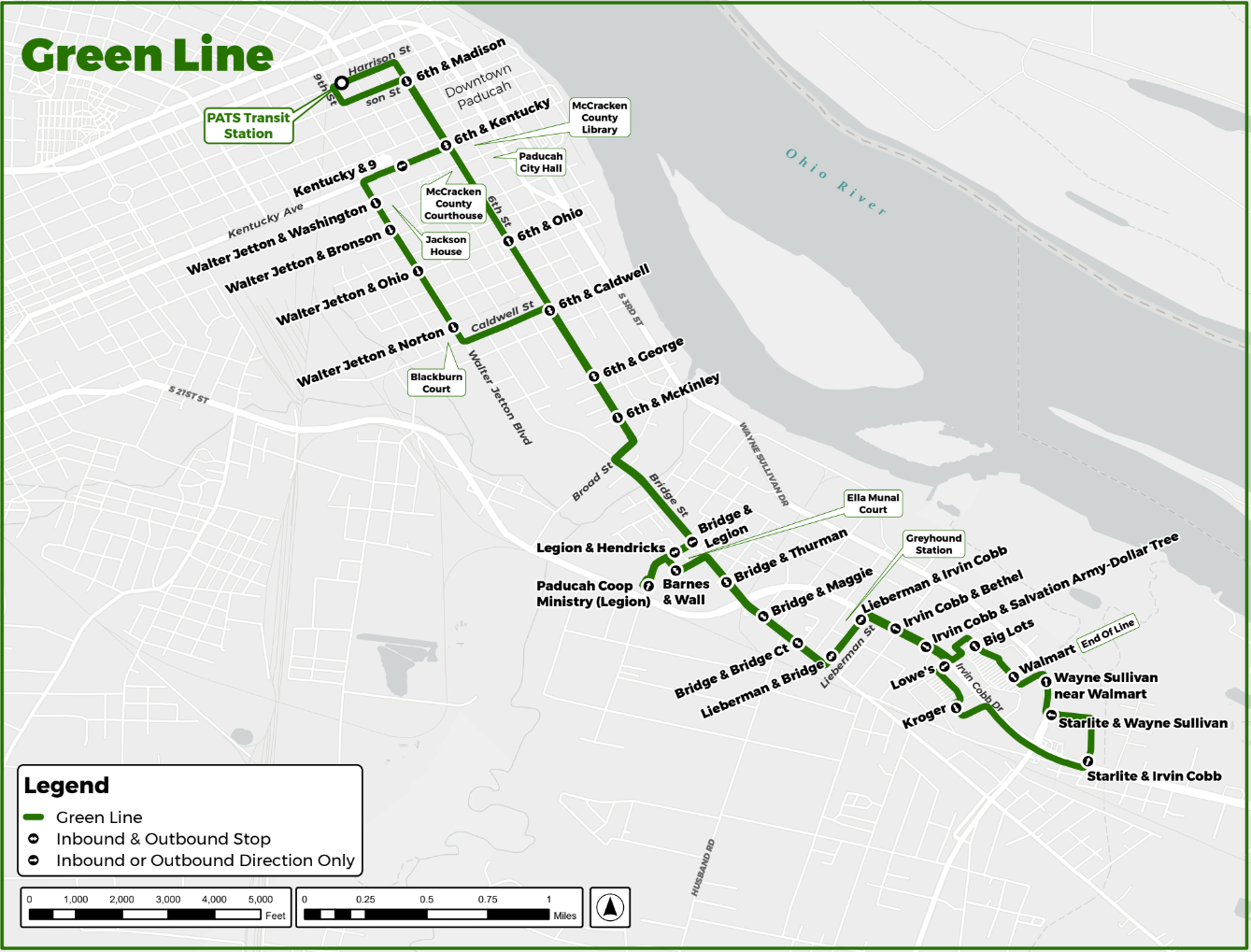 Map of a bus route (Green Line) showing streets, stops, and a body of water in green and black.
