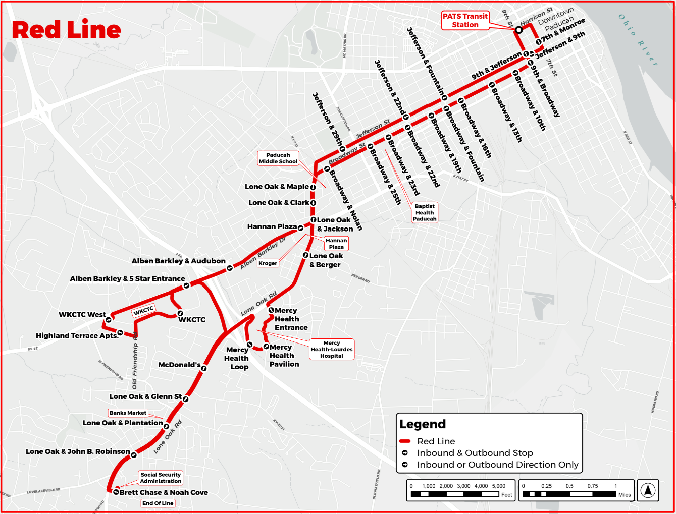 Map of the Red Line bus route. Red line on a city map shows the path and stops.