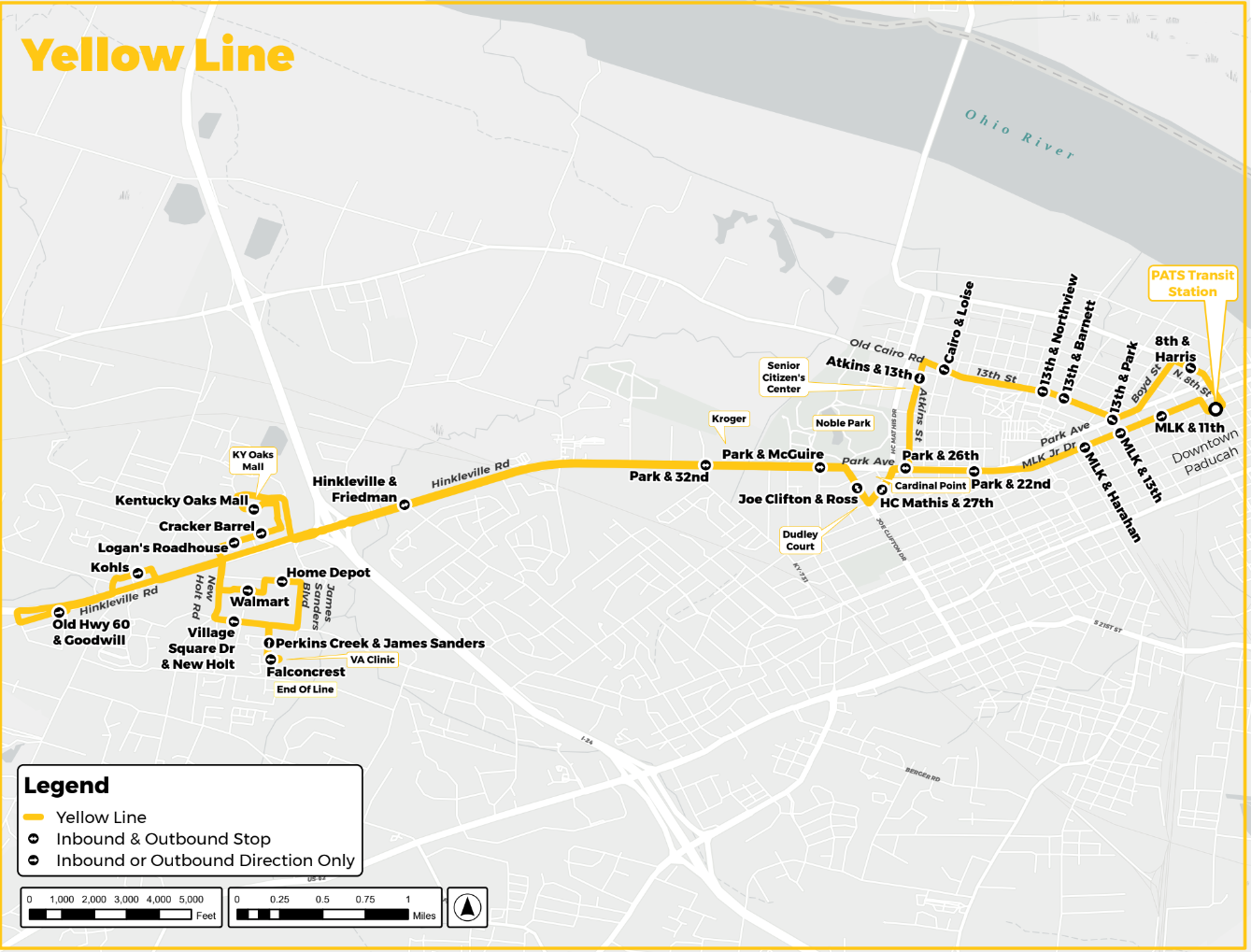 Map of a yellow line route with labeled stops in an urban area.