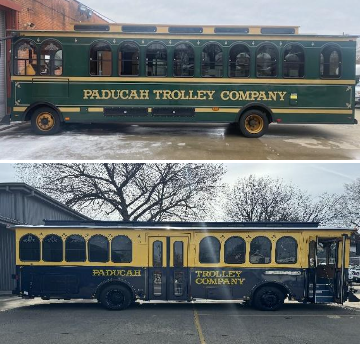 two pictures of a paducah trolley company bus